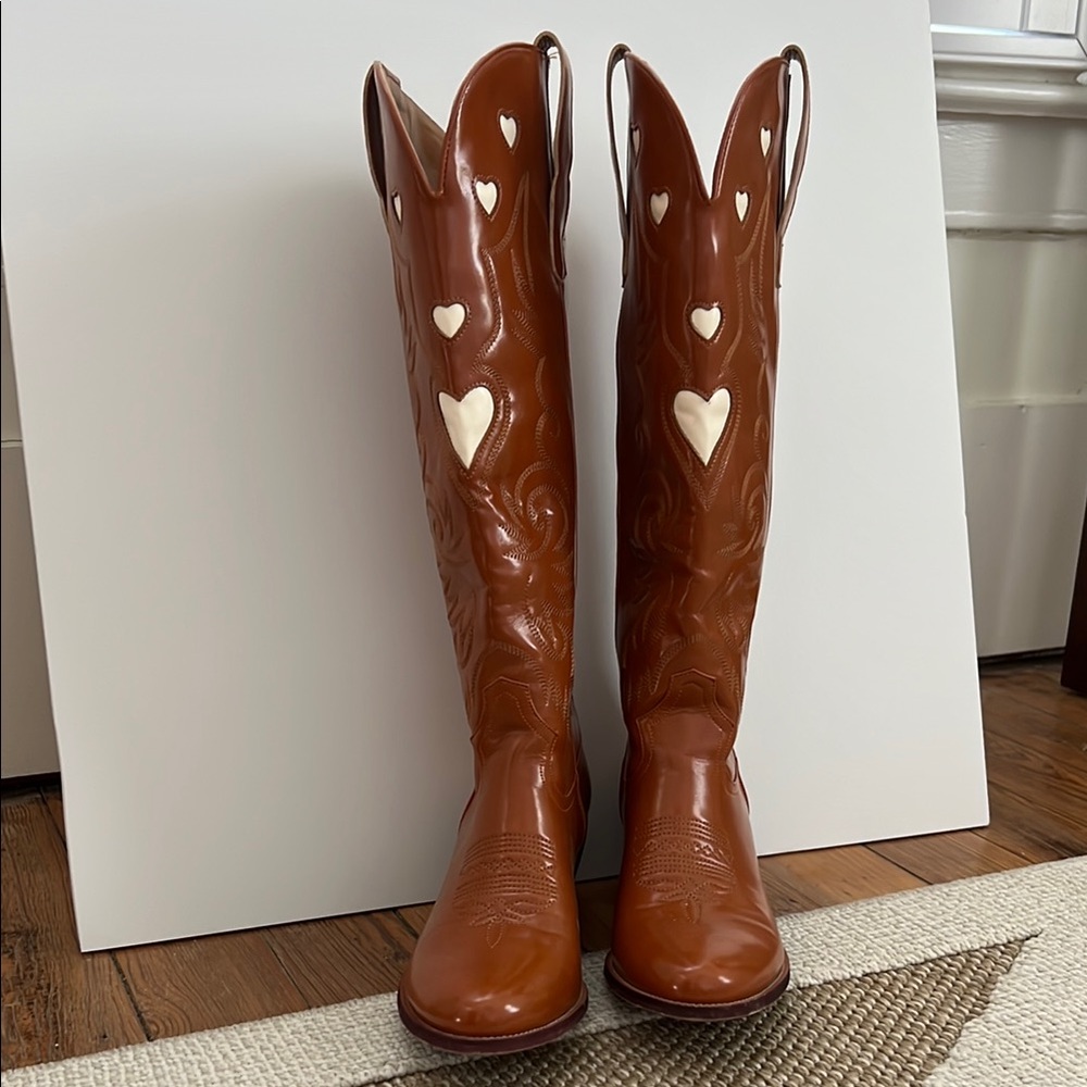 Brown Tall Cowboy Boots with Heart Accents